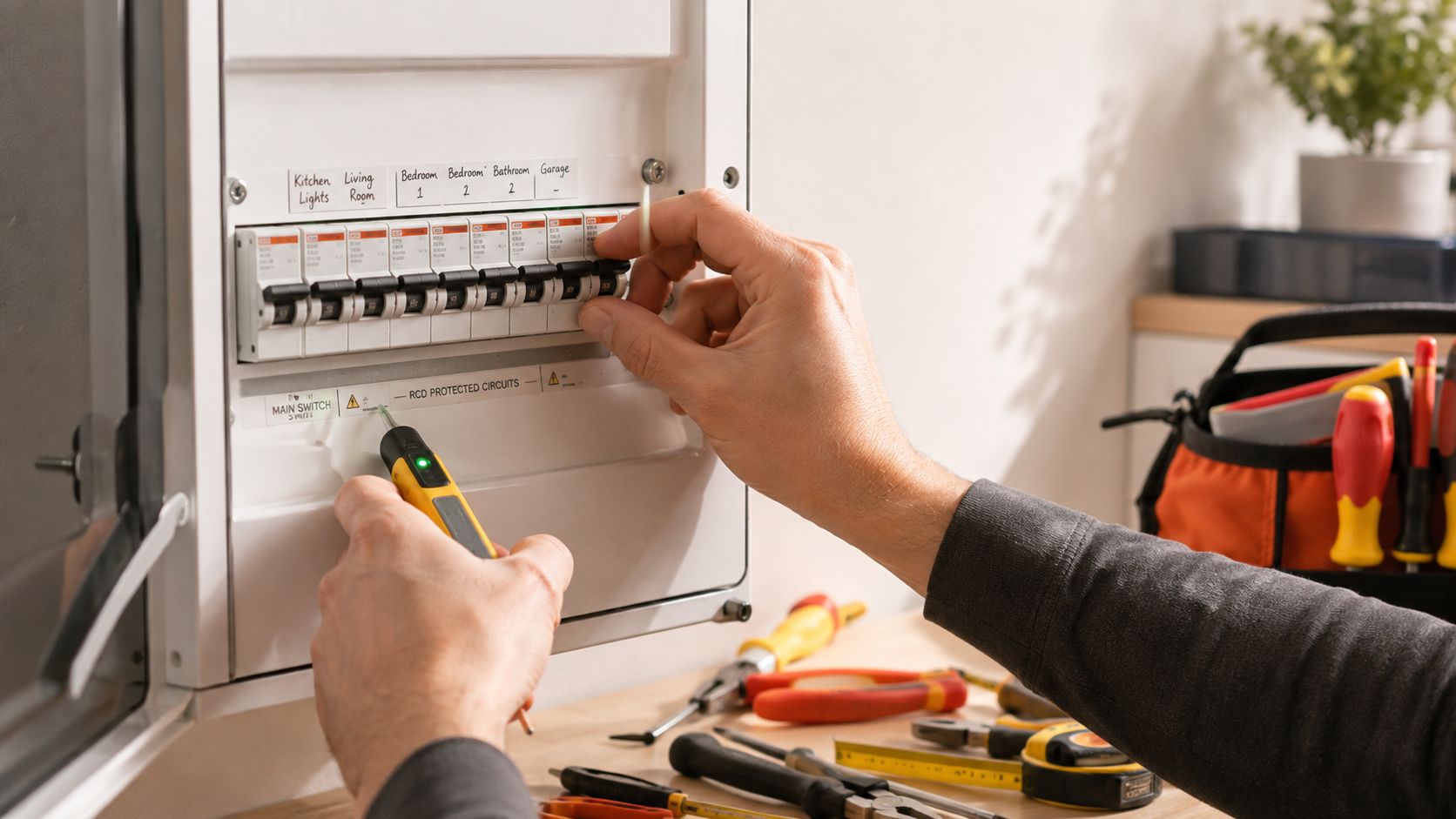 En elektriker arbejder med et sikringsskab og tjekker forbindelser med en spændingstester i et hjem.
