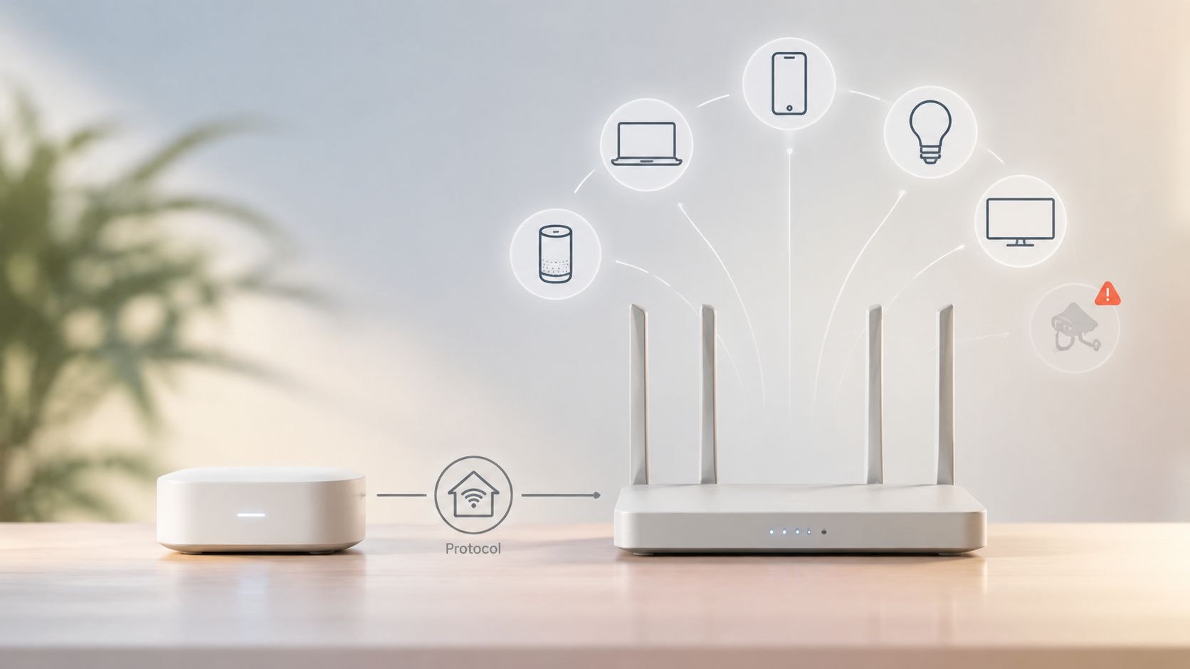 En smart home-hub forbundet med en router, der styrer forskellige intelligente enheder i et moderne hjem.