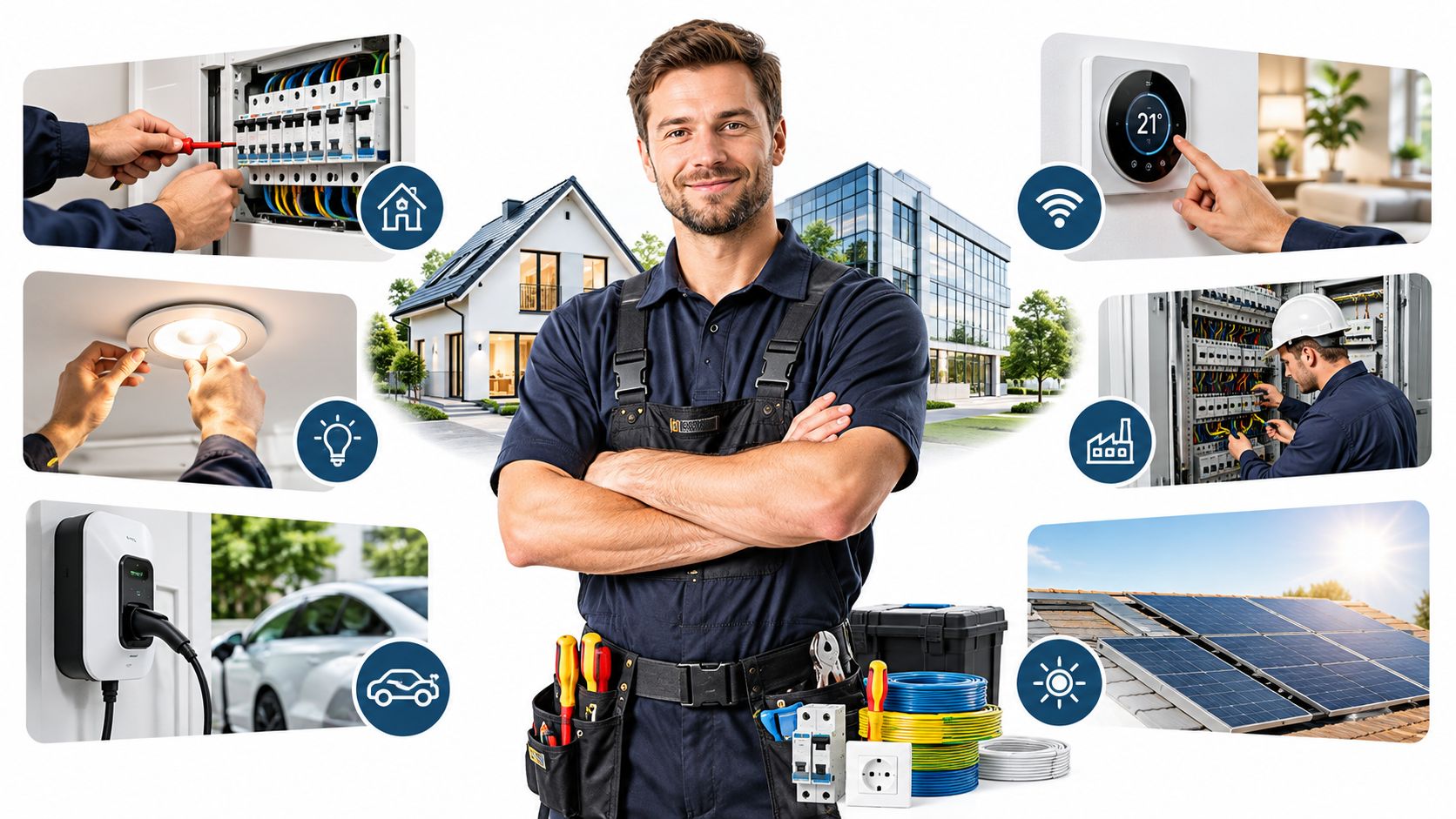 En professionel autoriseret elinstallatør med værktøjsbælte viser forskellige ydelser som el-tavler, smart home og solceller.