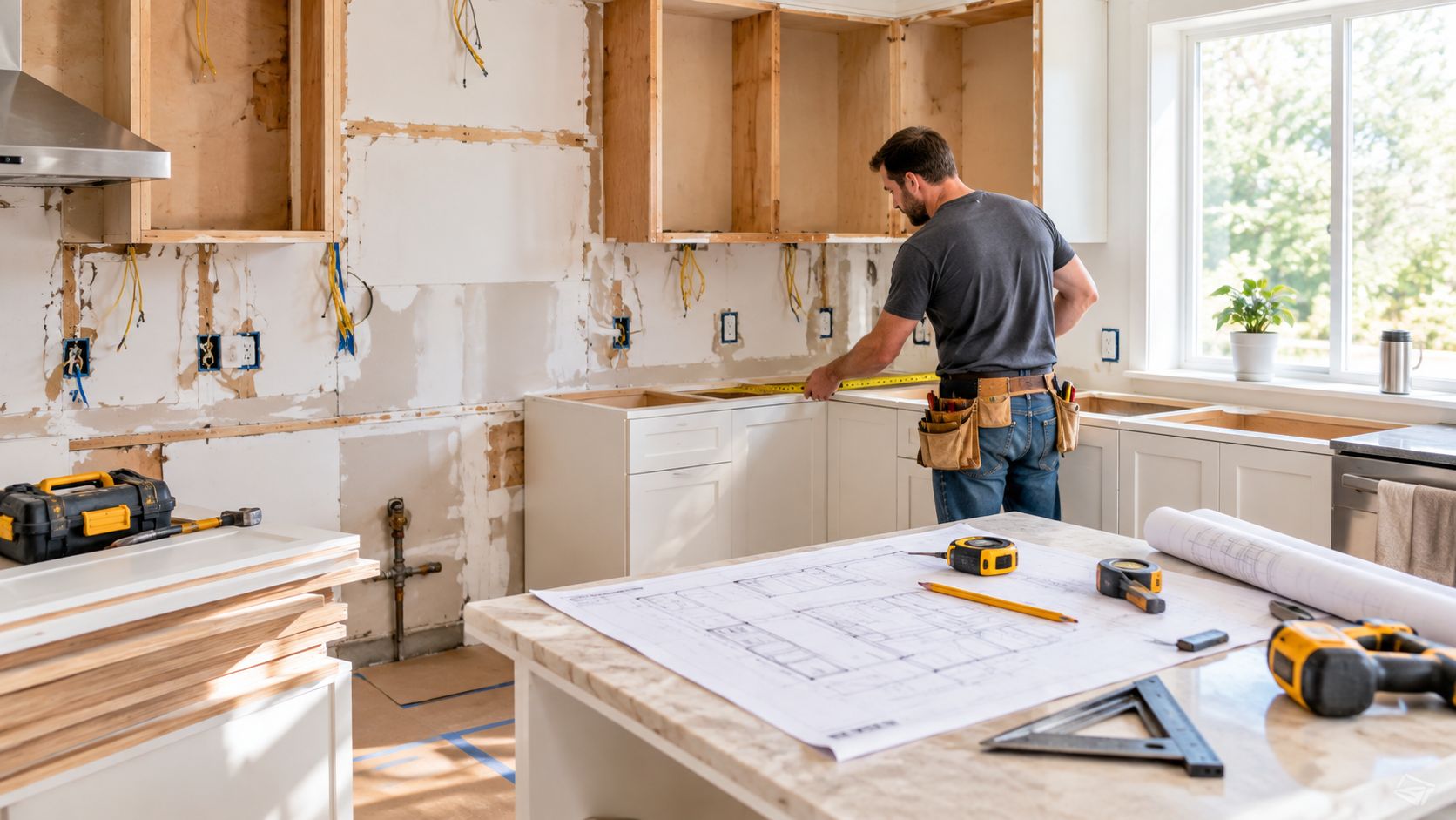 En professionel håndværker måler køkkenskabe op under en totalrenovering af et moderne køkken.