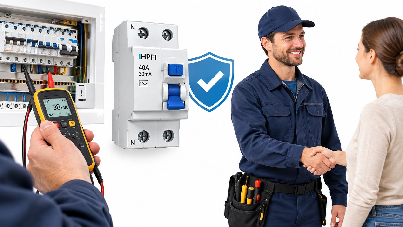 Elektriker der udfører kontrol af HPFI-afbryder i el-tavle efter installation i et køkkenmiljø.