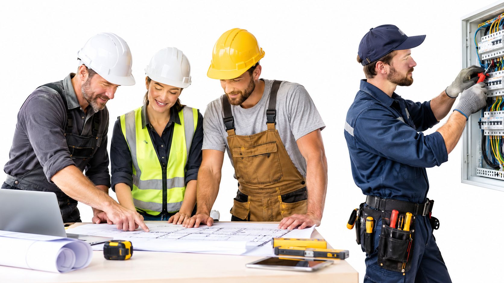 Et hold af bygningsarbejdere og ingeniører gennemgår plantegninger til en køkkenrenovering sammen med en elektriker ved tavlen.