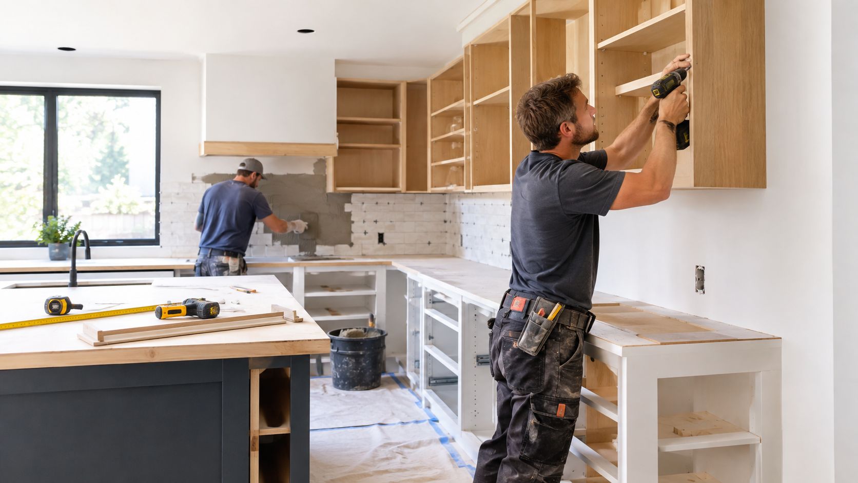 To professionelle håndværkere er i gang med en omfattende renovering af et moderne køkken med nye skabe.