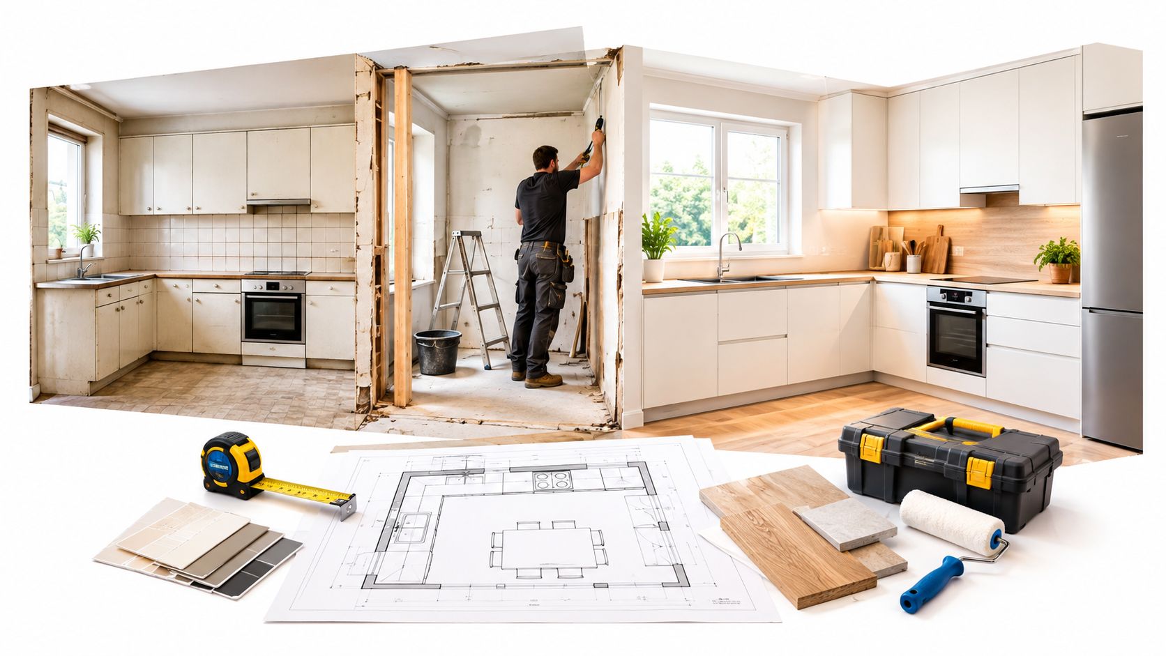 Billede der viser køkkenrenovering med plantegning, værktøjskasse og sammenligning af gammelt og nyt køkkendesign.