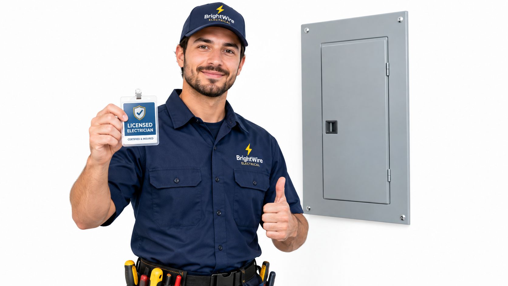 En smilende elektriker fra BrightWire Electrical viser sit certifikat og giver tommelfingeren op ved siden af eltavlen.