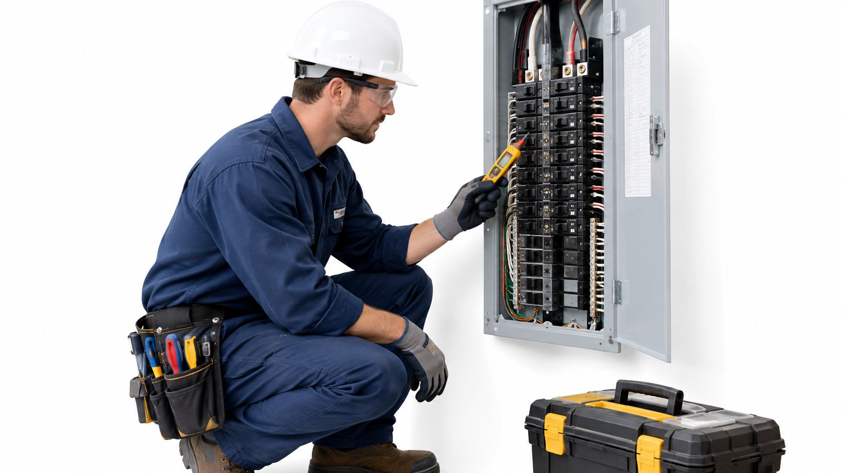 En professionel elektriker i arbejdstøj undersøger en eltavle med en spændingstester for at sikre korrekt elektrisk installation.