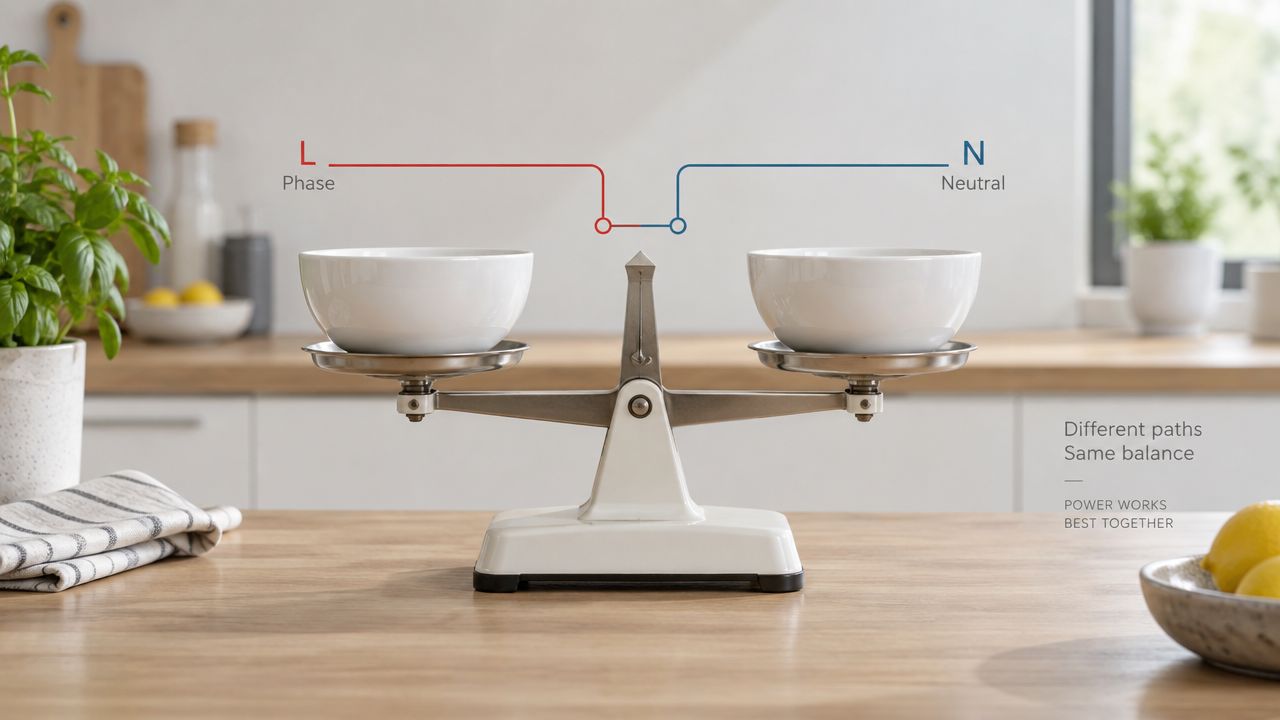 En køkkenvægt symboliserer balancen mellem fase og nul i et elektrisk system i et køkkenmiljø.