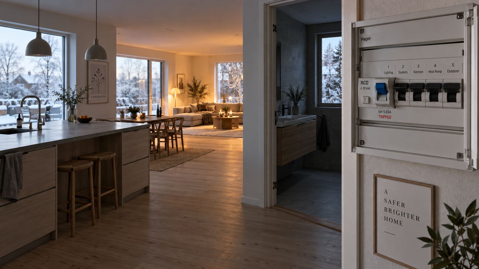 En moderne stue og et køkken ses bag en sikringstavle med en udløst fejlstrømsafbryder i forgrunden.
