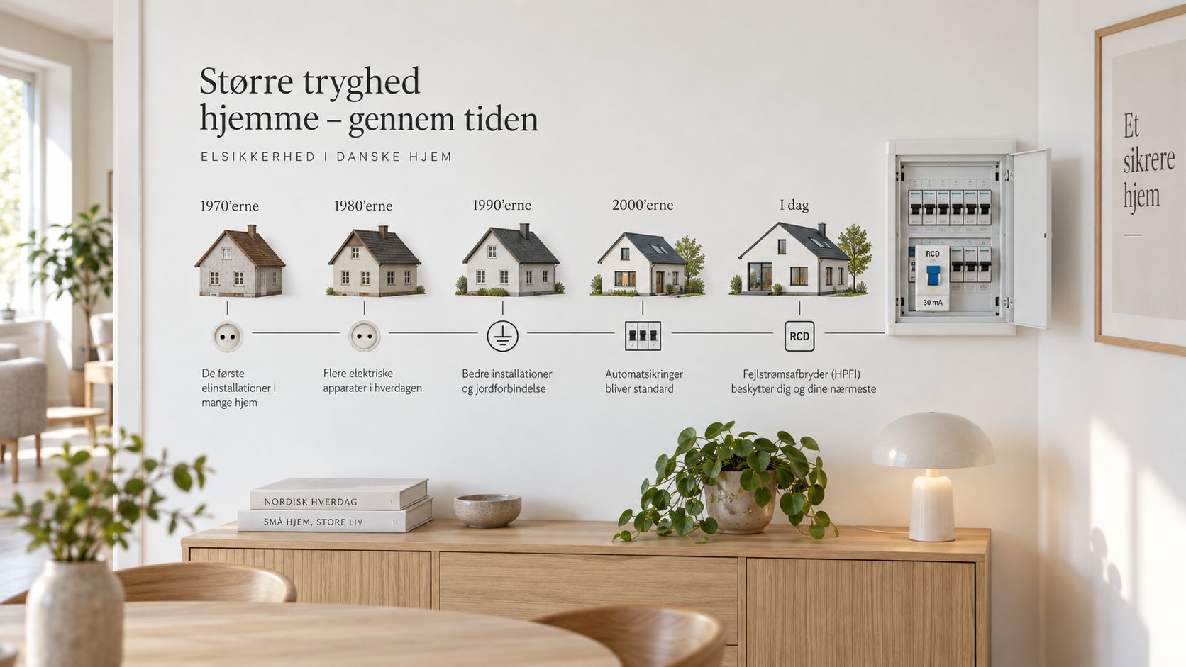 En infografik der viser udviklingen af elsikkerhed i danske hjem fra 1970'erne og frem til i dag.
