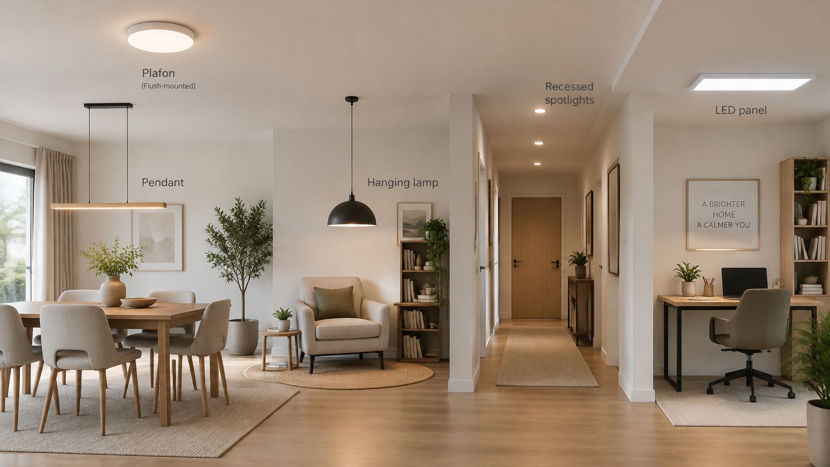 Moderne interiør med en spisestue, læsehjørne, gang og hjemmekontor oplyst af forskellige typer loftlamper og spots.