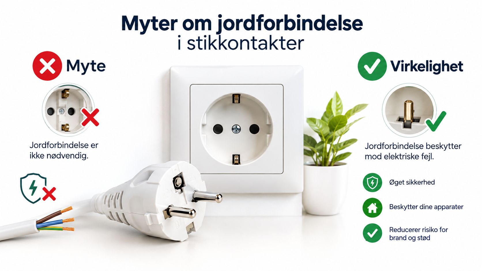 En infografik der viser vigtigheden af jordforbindelse i stikkontakter for at forbedre sikkerhed og beskytte elektriske apparater.