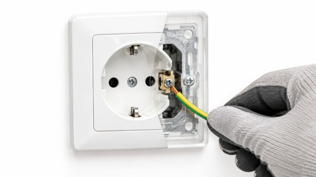 Person installerer elektrisk stikkontakt med værn og ledning.