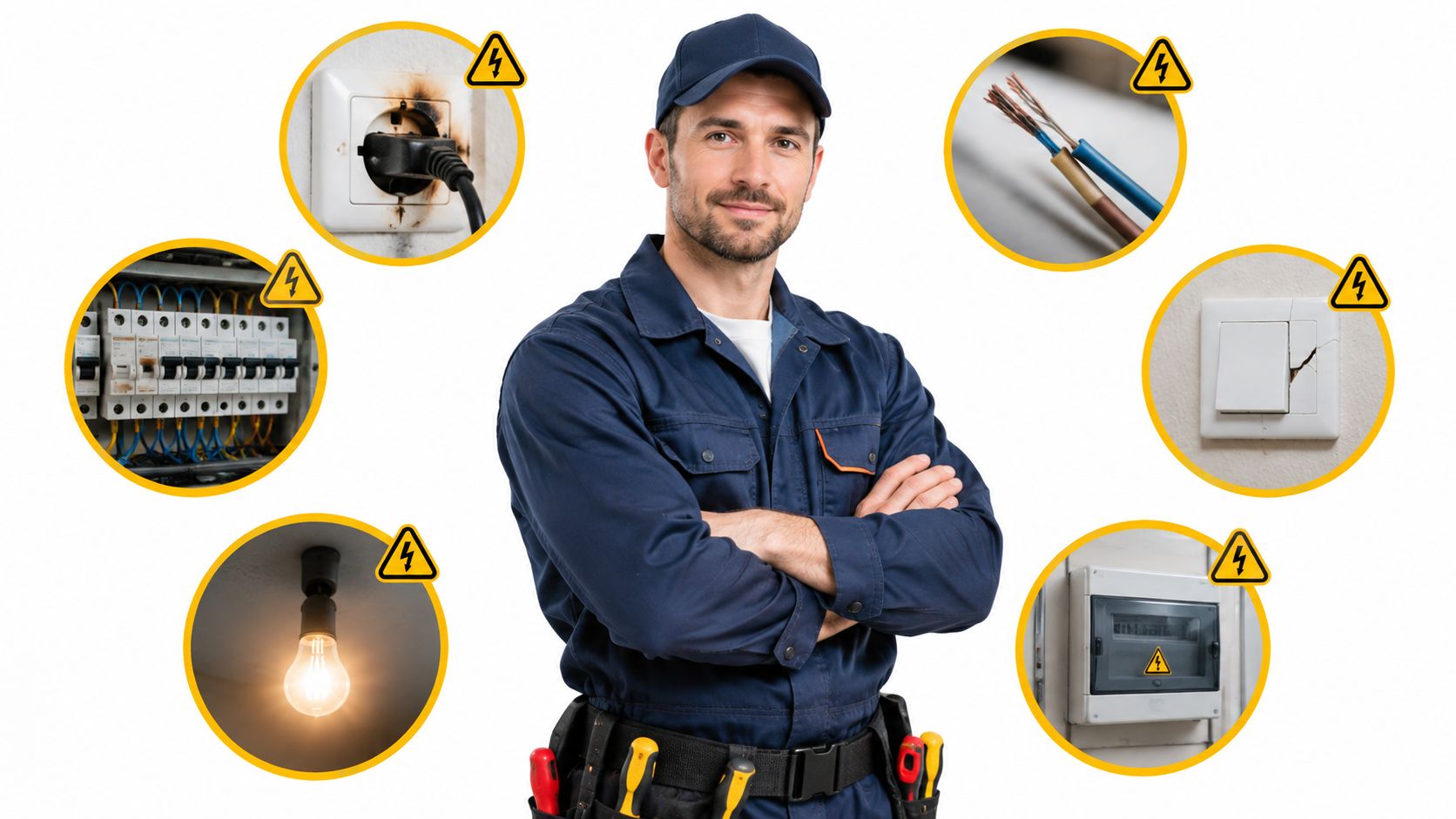 En smilende elektriker står foran en baggrund med forskellige elektriske problemer, der kræver professionel reparation og vedligeholdelse.