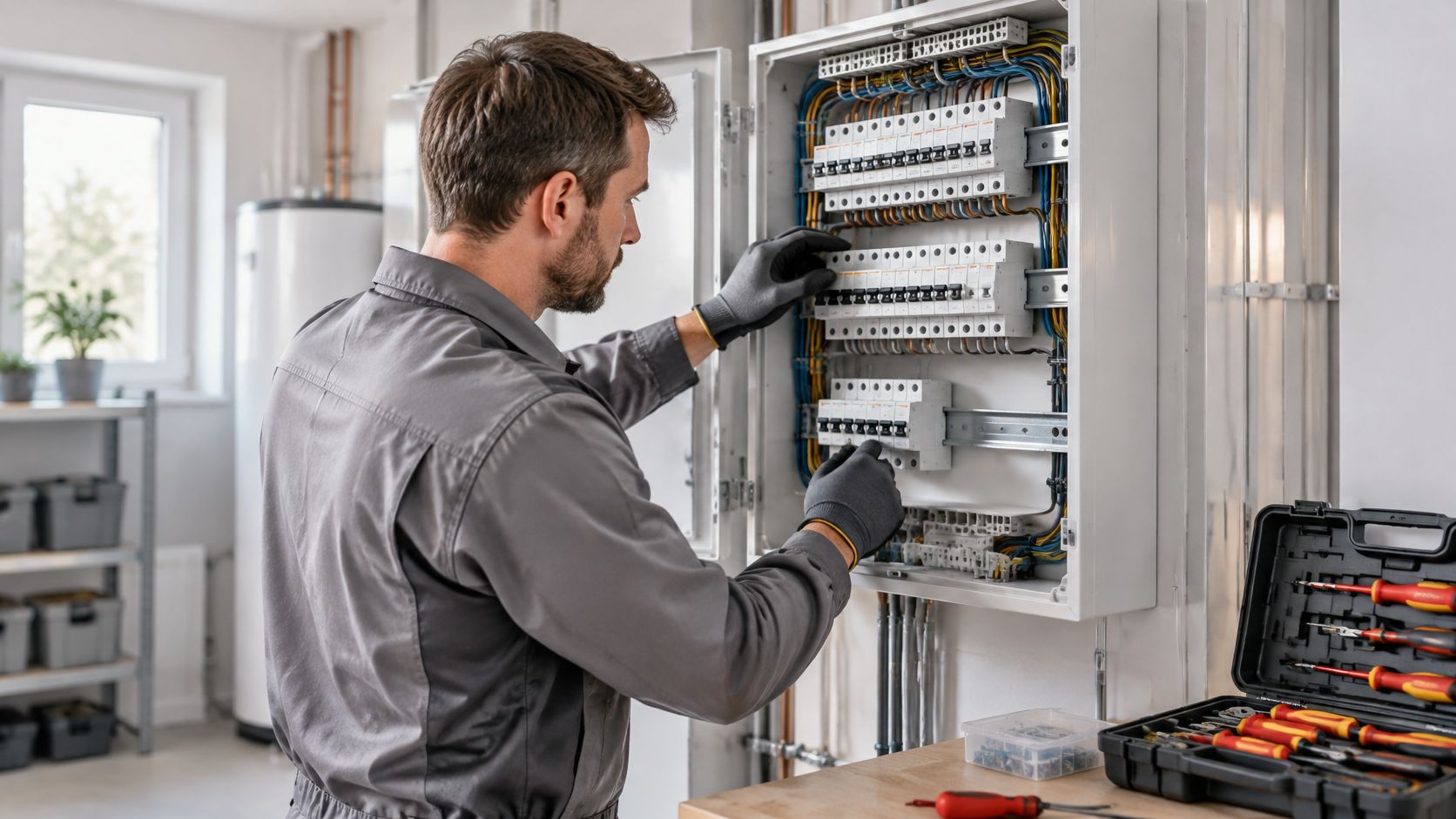 En professionel elektriker arbejder fokuseret med reparation eller installation af komponenter i et elektrisk sikringsskab.