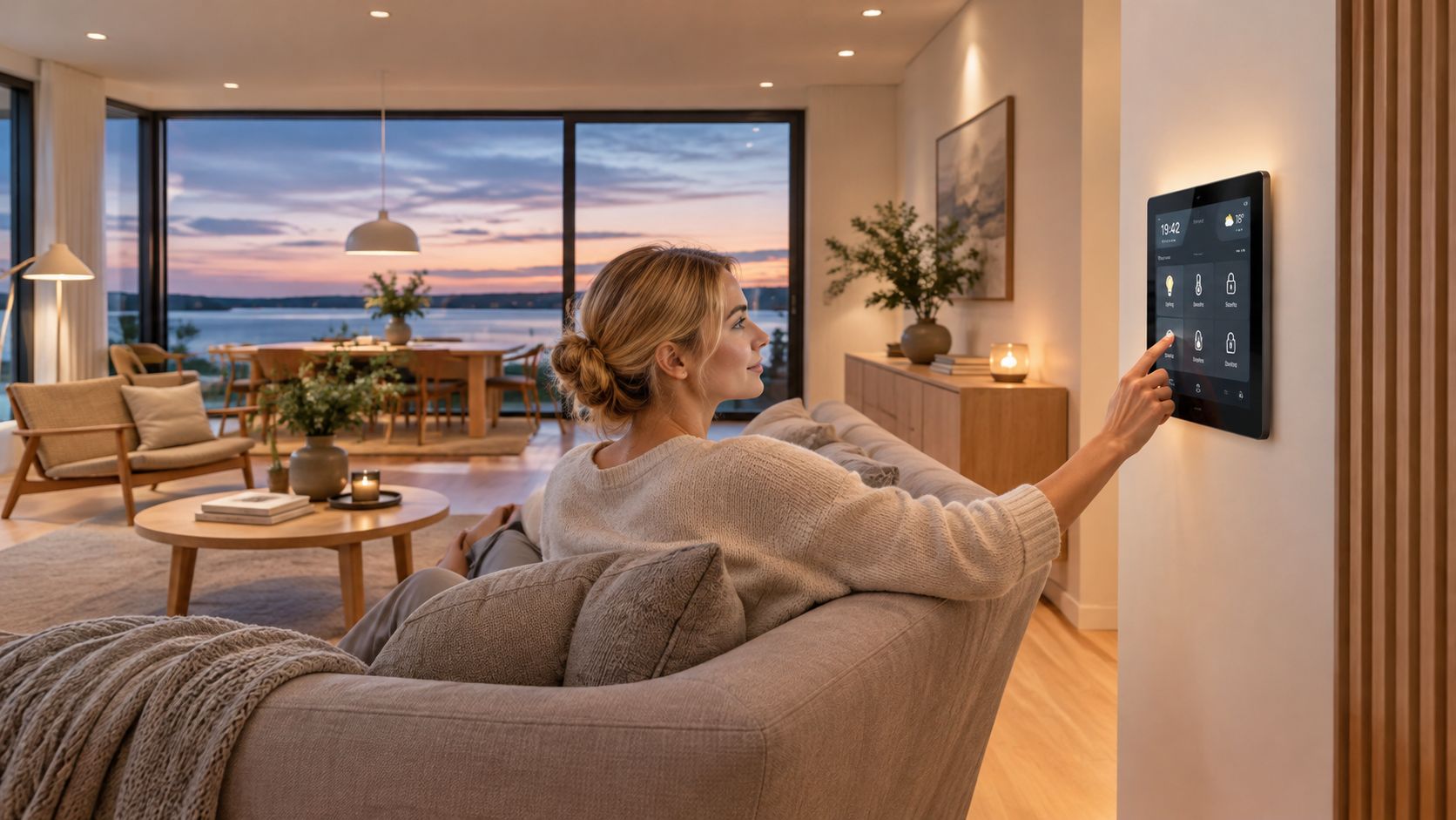 En kvinde sidder i en sofa og betjener et smart home kontrolpanel monteret på væggen i stuen.