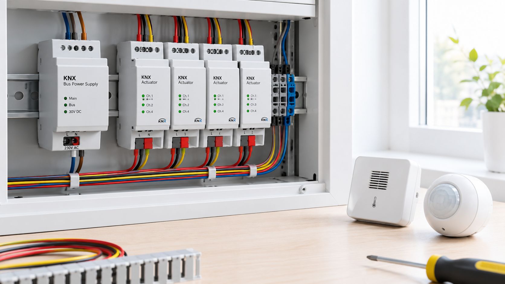 Et elektrisk KNX-styringssystem installeret i et tavleskab med forskellige moduler, sensorer og tilhørende ledninger på bordet.