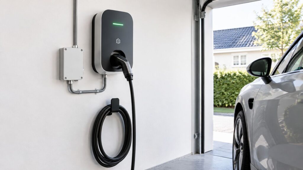Elbiloplader til hjemmet med tilsluttet elbil i garage.