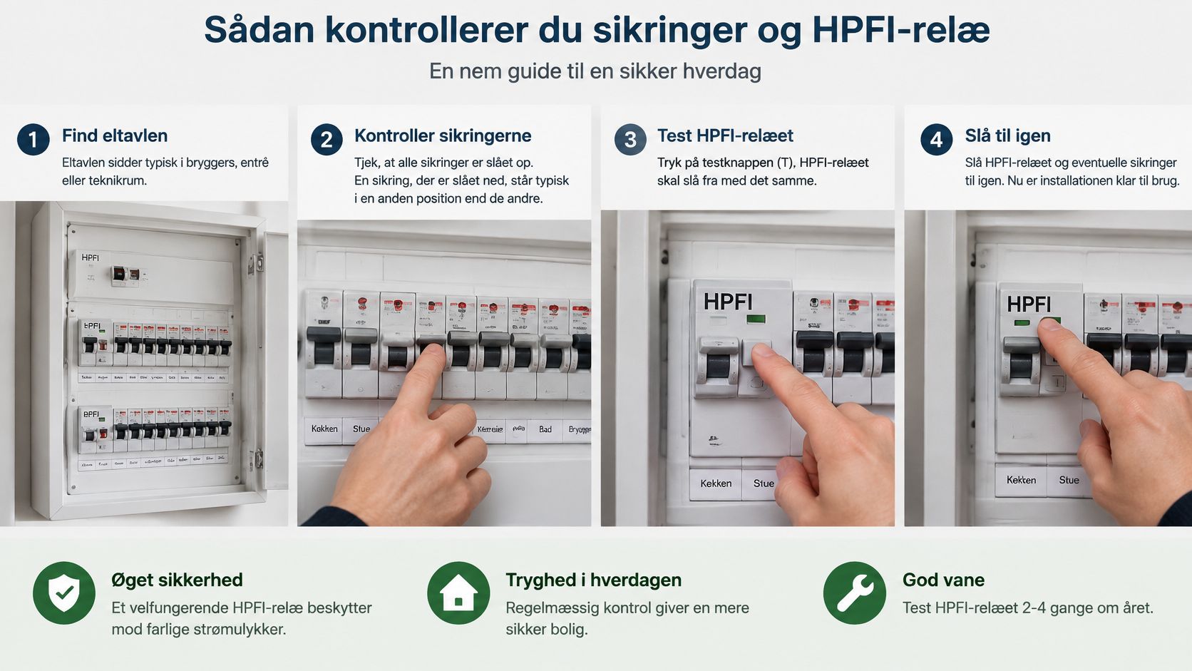 En guide til hvordan du selv tjekker din eltavle, sikringer og tester dit HPFI-relæ for øget sikkerhed.